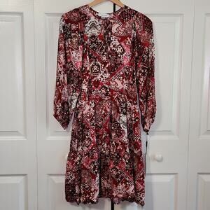Calvin Klein Womens Red Floral Abstract Balloon Sleeve Peplum Hem Dress Size 2